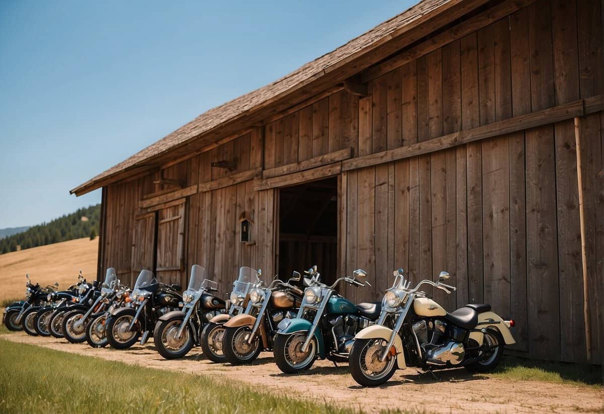 A rustic barn adorned with motorcycle-themed decor, surrounded by rolling hills and a clear blue sky, sets the perfect scene for a biker wedding