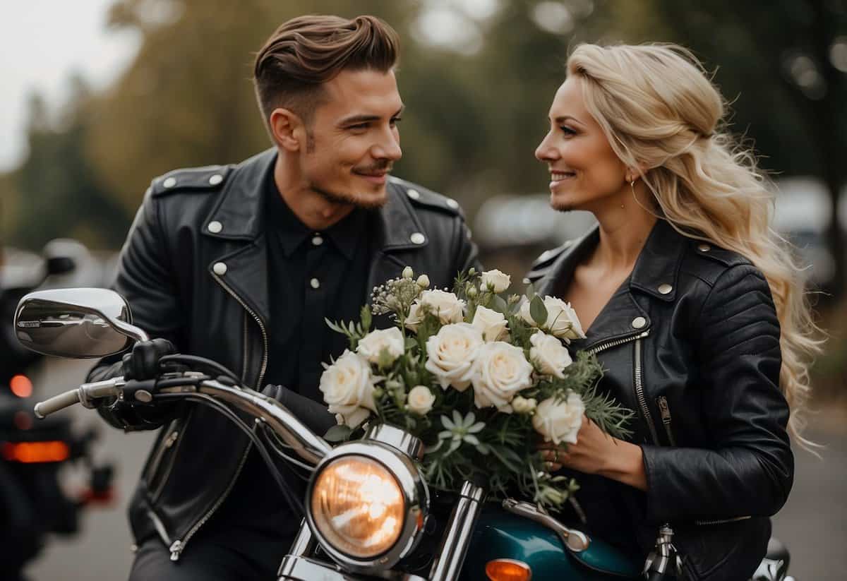 A leather-clad groom and bride in biker wedding attire exchanging vows on motorcycles adorned with flowers