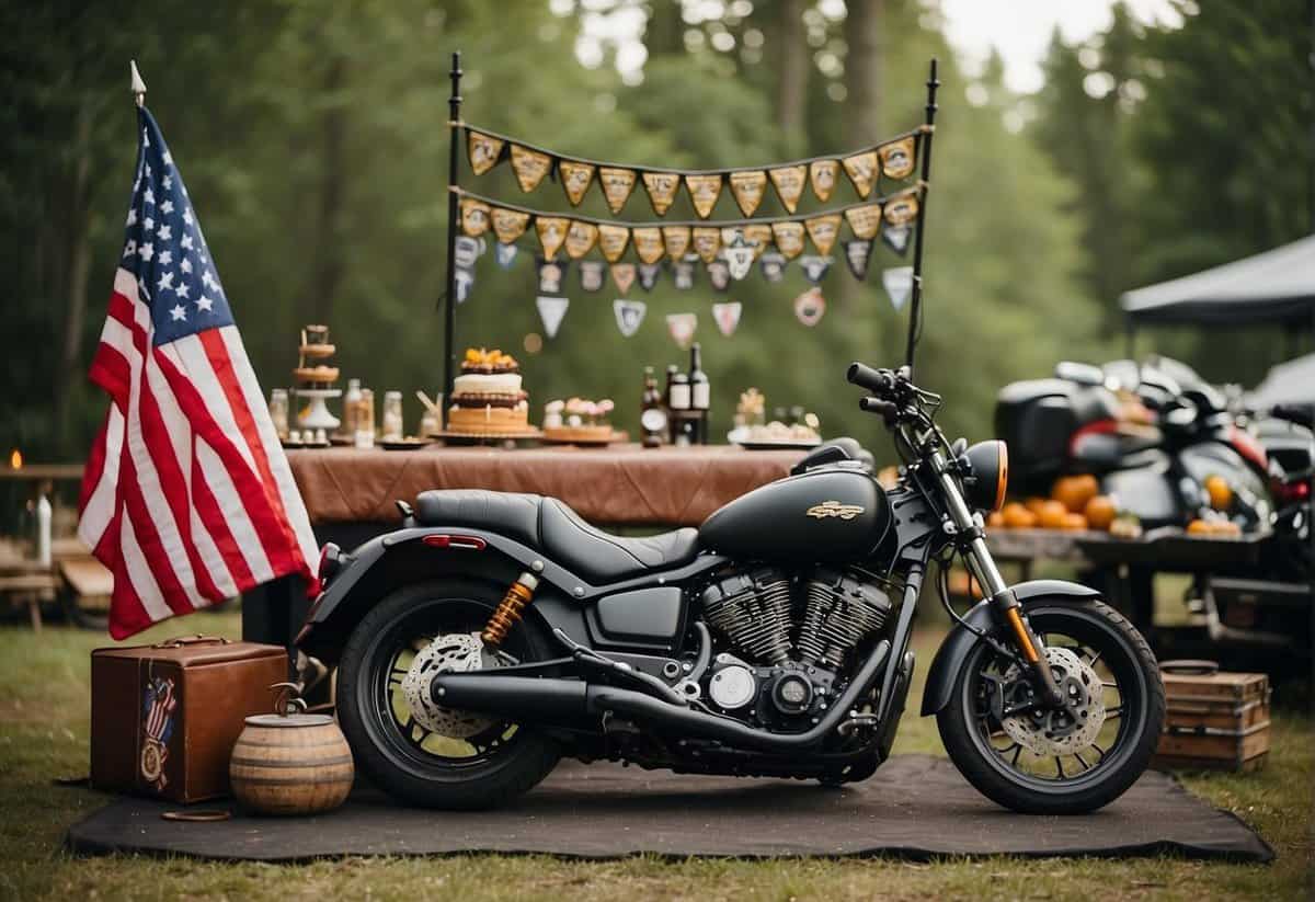 A motorcycle-themed wedding altar with leather jackets, helmets, and chains as decor. Biker flags and a custom-made motorcycle cake complete the scene