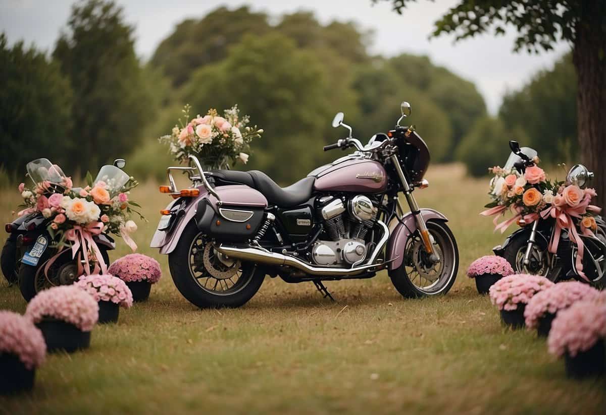A group of motorcycles parked in a circle, adorned with flowers and ribbons. A makeshift altar made of motorcycle parts, with a leather-clad officiant presiding over the ceremony