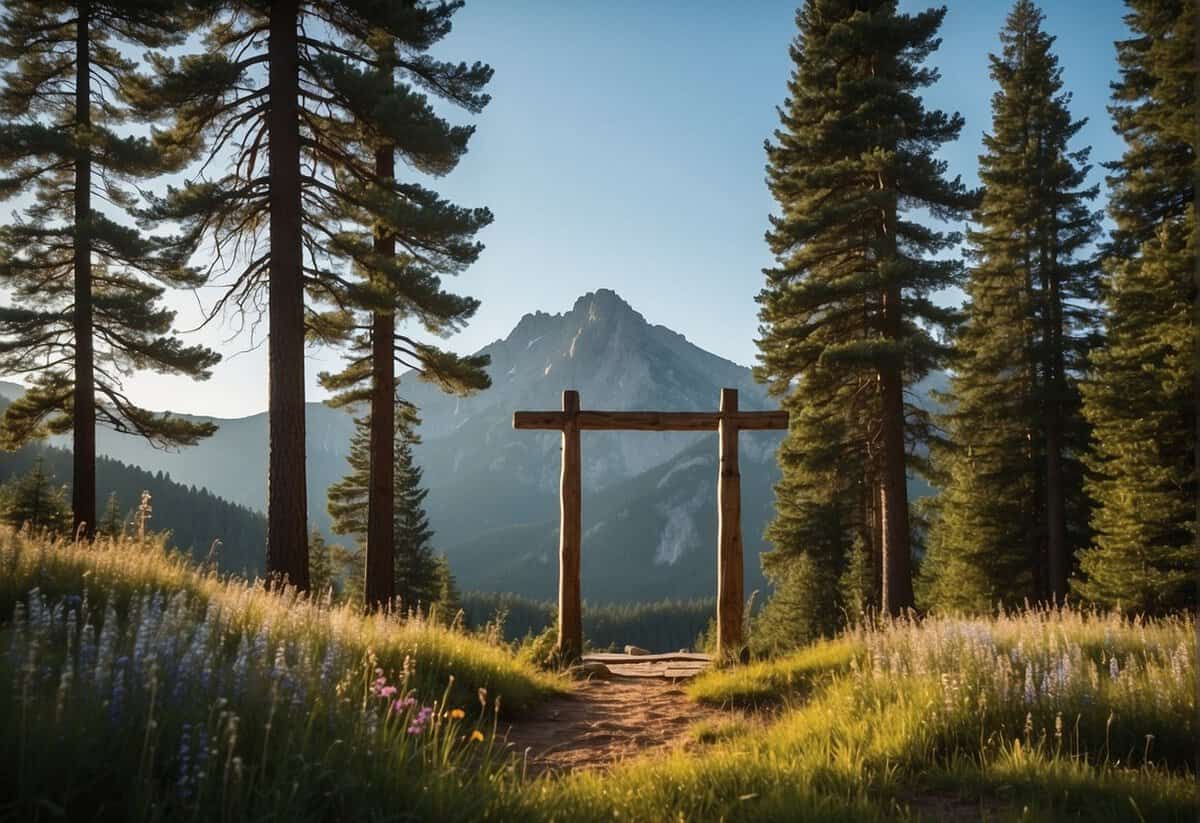 A beautiful mountain backdrop with a rustic altar adorned with wildflowers and greenery, surrounded by towering pine trees and a clear blue sky