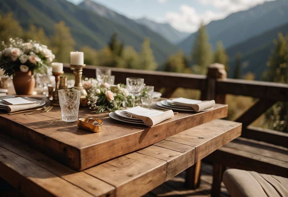 Rustic wooden table with mountain backdrop, adorned with elegant invitations and stationery for a wedding