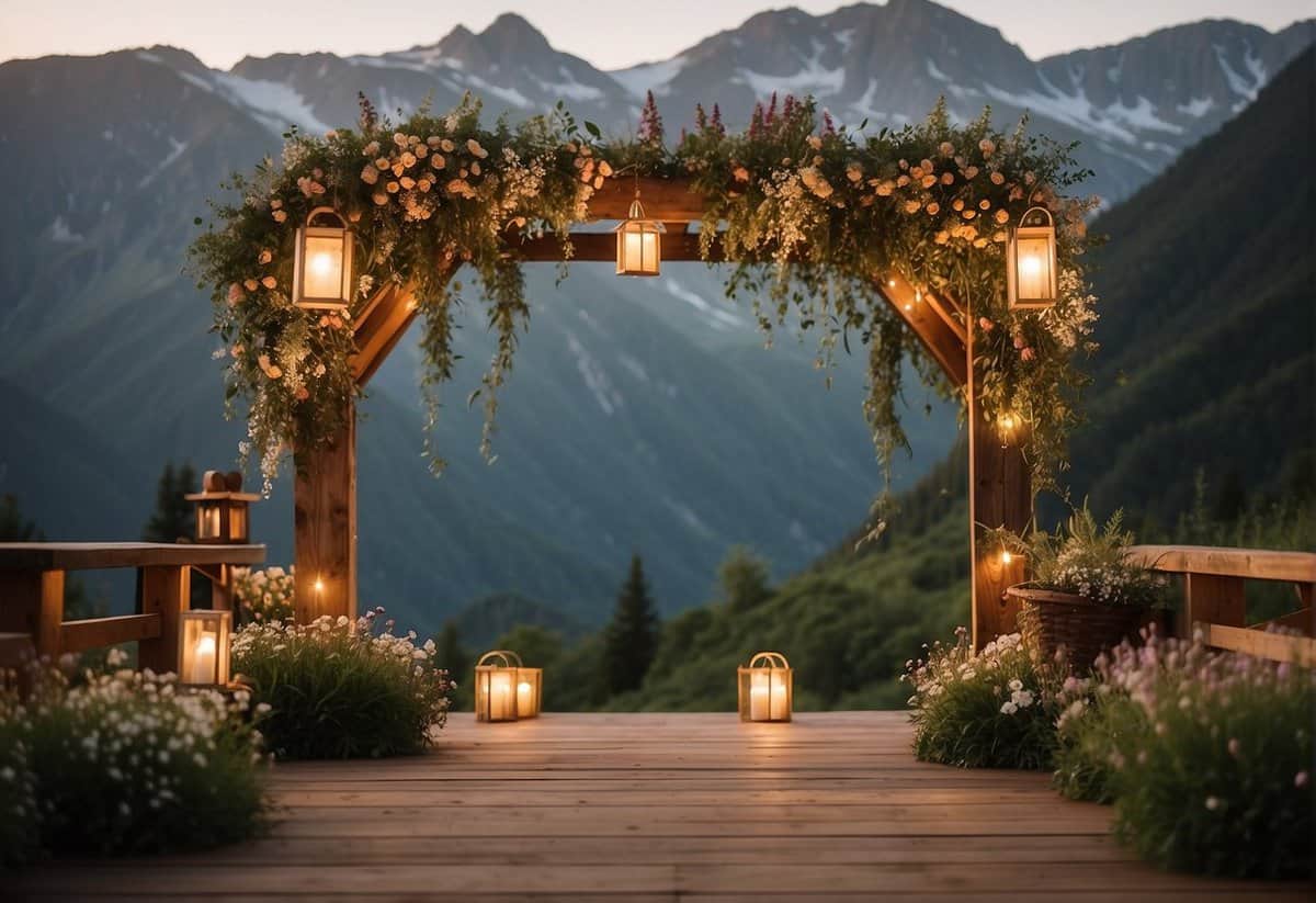 A rustic wooden arch adorned with wildflowers overlooks a serene mountain backdrop, while lanterns and fairy lights illuminate the outdoor reception area