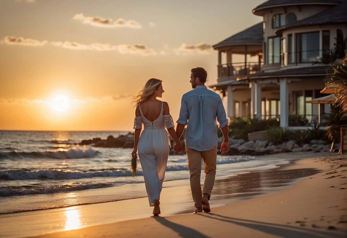 A couple walks hand in hand along a picturesque beach at sunset, with a romantic dinner set up on the sand. A cozy beachfront villa awaits in the background