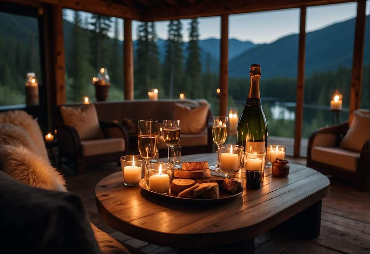 A cozy cabin nestled in the mountains, with a crackling fireplace and a hot tub overlooking a serene lake. A bottle of champagne sits on the table, surrounded by flickering candles
