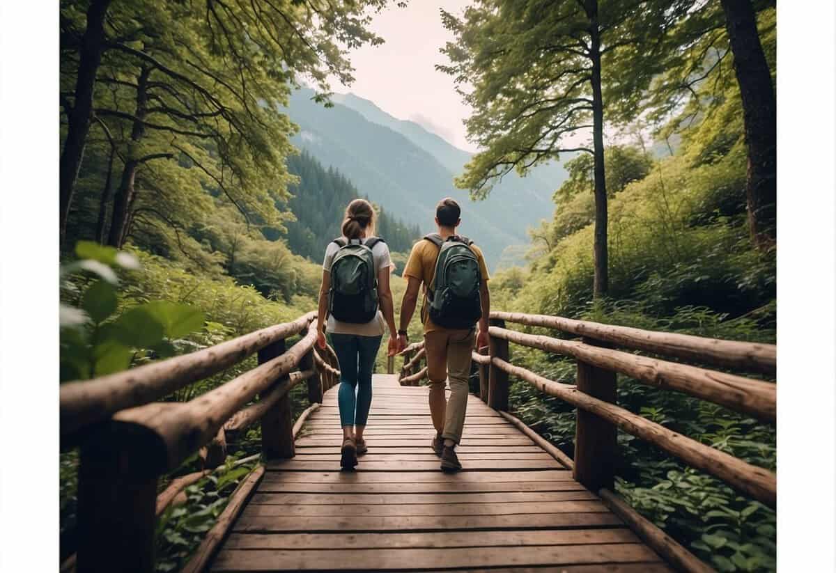 A couple hiking through a lush forest, crossing a wooden bridge over a sparkling stream, with mountains in the distance
