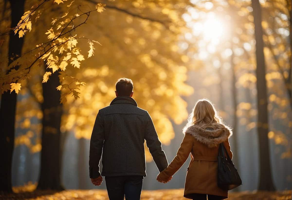 A couple strolling through a colorful autumn forest, hand in hand, with the sun casting a warm glow on the golden leaves