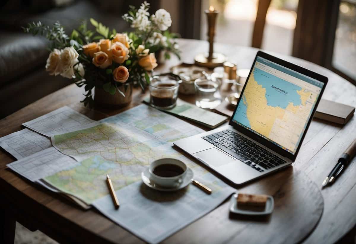 A couple sits at a table with a map, guidebooks, and a laptop, discussing and planning their wedding anniversary trip. A budget spreadsheet is open on the screen