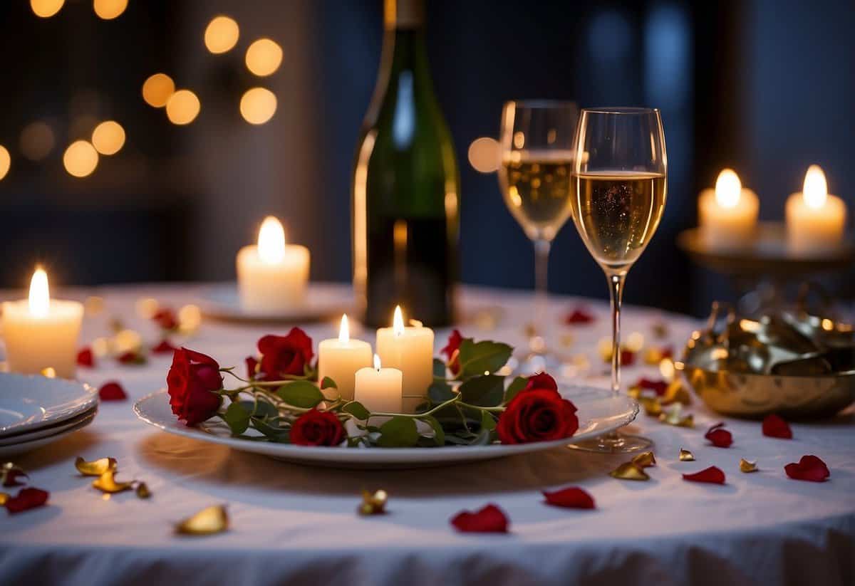 A candlelit dinner with rose petals scattered on the table, soft music playing in the background, and a bottle of champagne chilling in a bucket