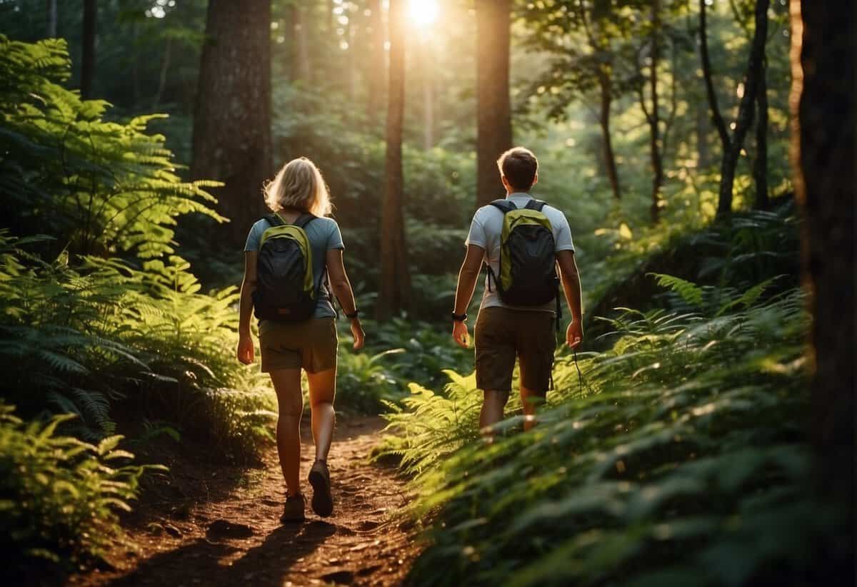 A couple hiking through a lush forest, discovering a hidden waterfall. The sun is setting, casting a warm glow over the scene