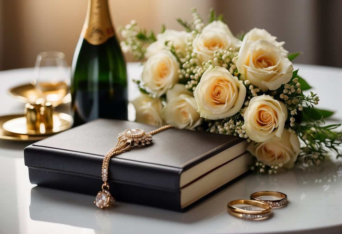 A table with a bouquet of flowers, a bottle of champagne, and a photo album. A gift box with a piece of jewelry on top