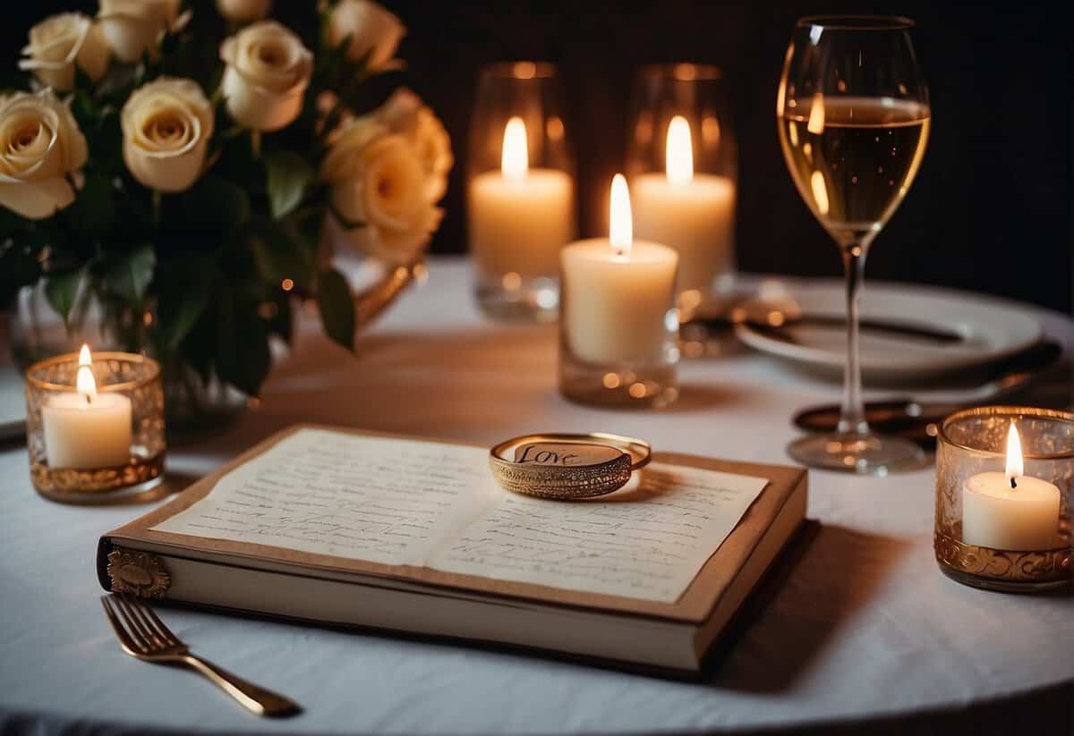 A romantic dinner table set with candles, flowers, and a bottle of champagne. A handwritten love note and a photo album of the couple's memories sit on the table