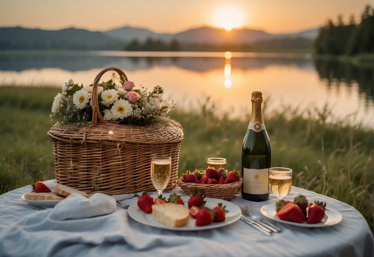 A romantic picnic set up on a grassy meadow, with a blanket spread out and a wicker basket filled with champagne, strawberries, and a bouquet of flowers. A view of a serene lake in the background with a beautiful sunset