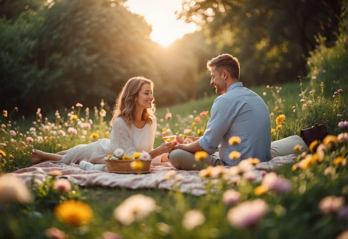 A couple enjoying a romantic picnic in a blooming garden, surrounded by colorful flowers and a beautiful sunset
