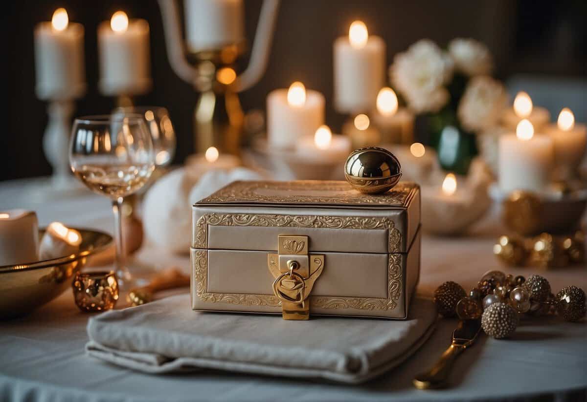 A table adorned with custom-made gifts, including engraved jewelry, handmade photo albums, and personalized artwork for a 3rd wedding anniversary celebration