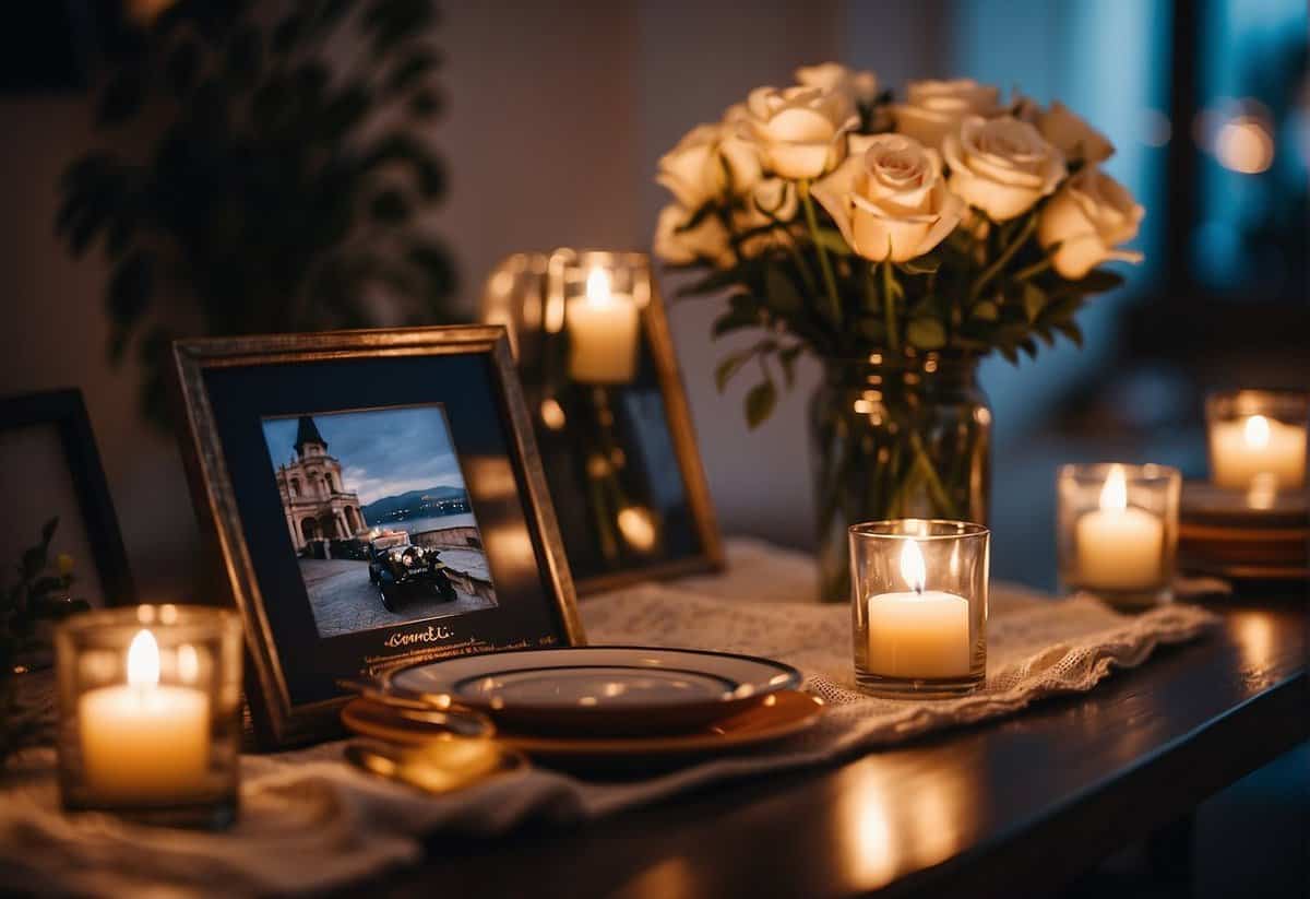A cozy dinner for two by candlelight, surrounded by framed wedding photos and a bouquet of fresh flowers