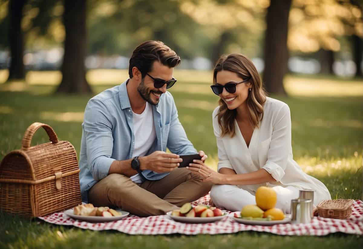A couple enjoying a picnic in a park, surrounded by modern versions of classic wedding anniversary gifts such as a smartwatch, a virtual reality headset, and a sleek digital photo frame