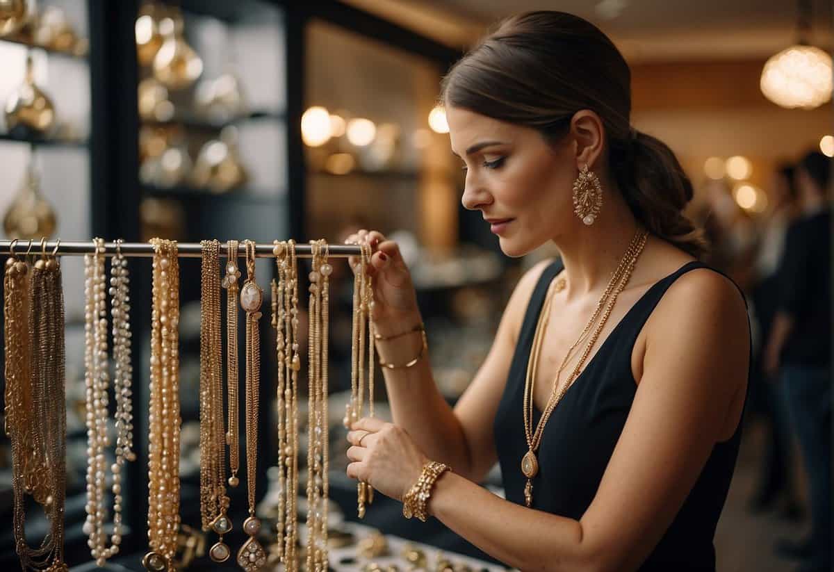 A woman carefully examines a selection of delicate necklaces and earrings, each adorned with shimmering gemstones, in a softly lit boutique