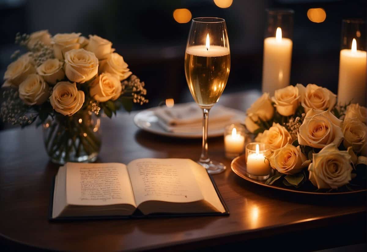 A couple sits at a candlelit table, surrounded by flowers and champagne. A photo album and handwritten love notes are scattered on the table