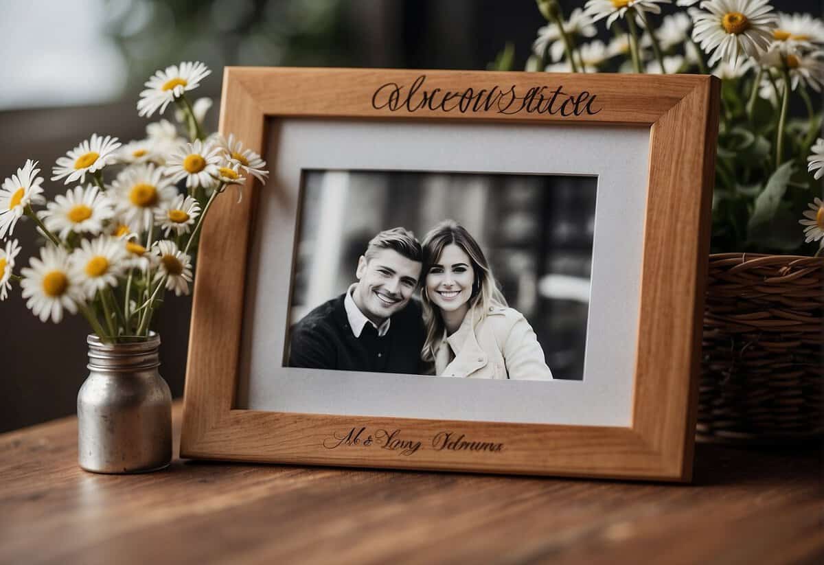 A custom-engraved wooden photo frame sits on a table, surrounded by a bouquet of daisies and a handwritten love letter