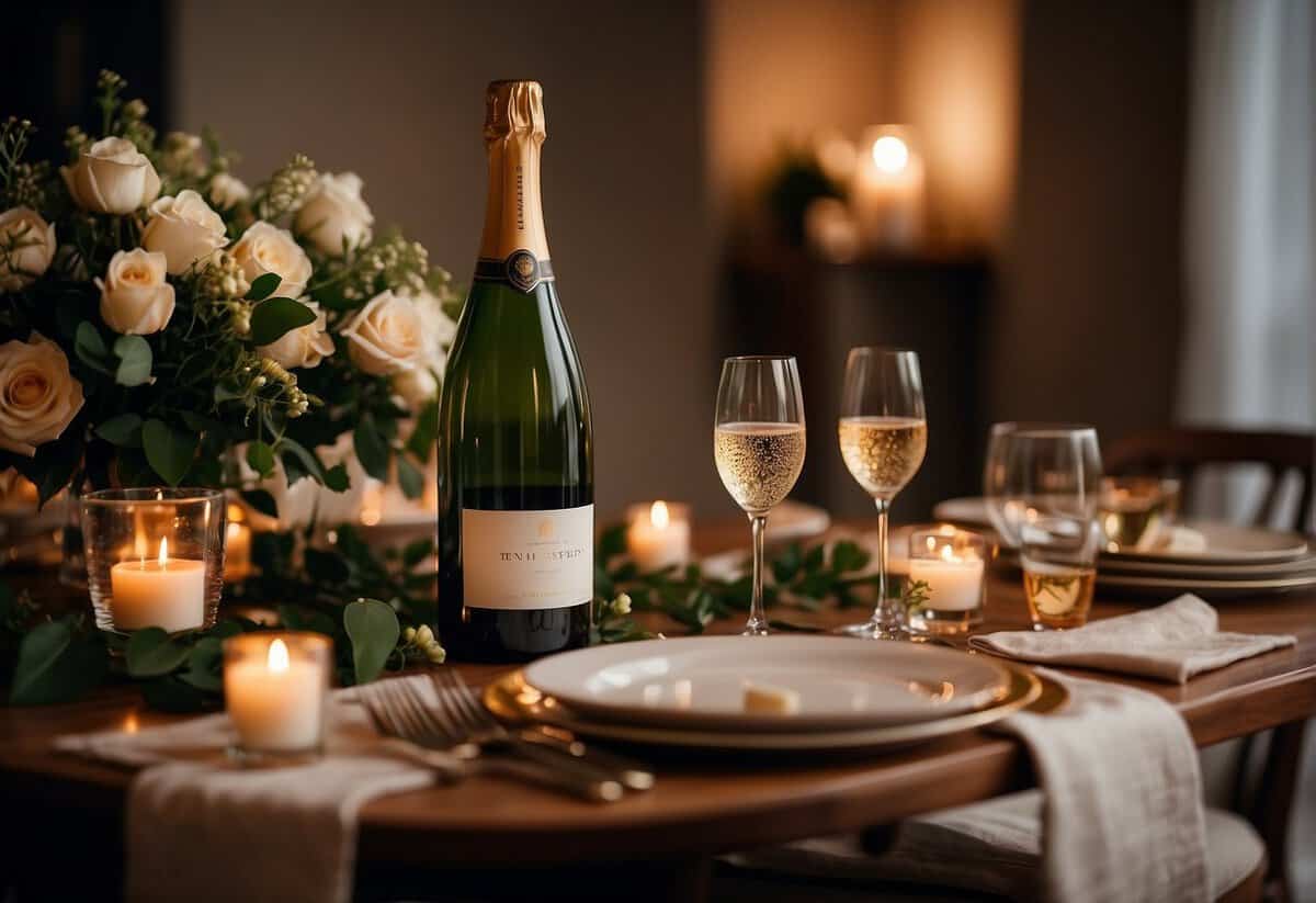 A romantic dinner setting with a table adorned with candles, flowers, and elegant tableware. A bottle of champagne sits chilling in an ice bucket, while soft music plays in the background
