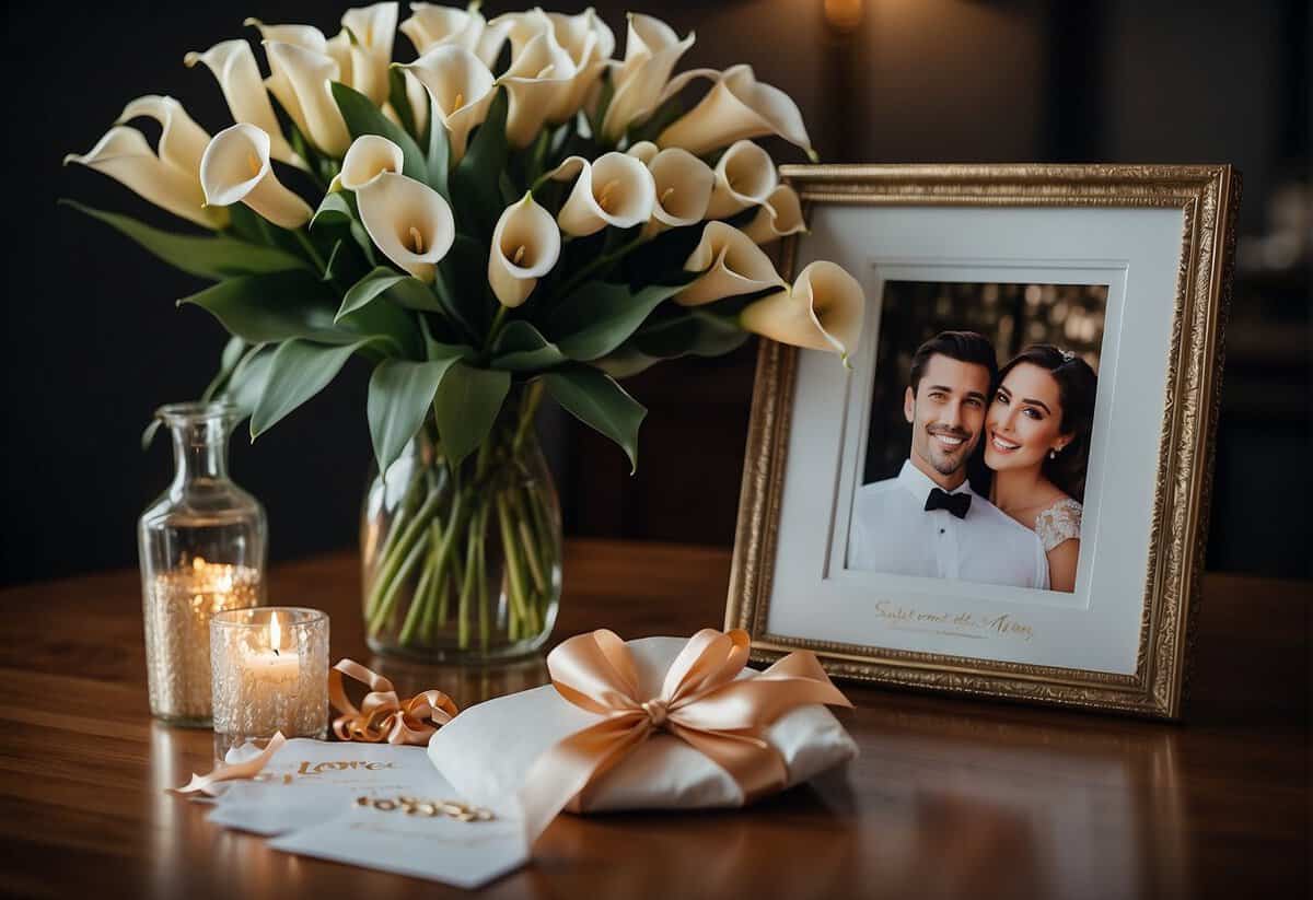 A beautifully decorated table with a bouquet of calla lilies, a bottle of champagne, and a framed wedding photo. A small gift wrapped with a bow sits next to a handwritten love note