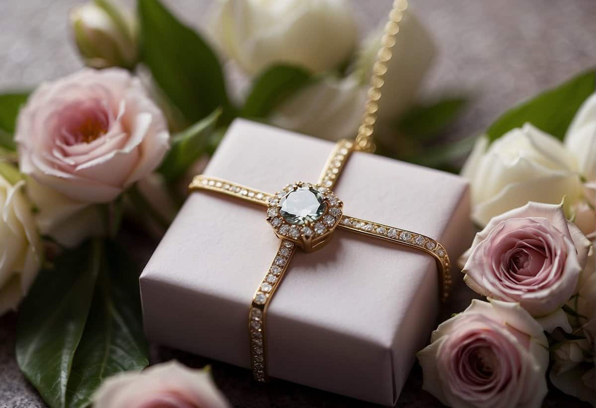 A beautifully wrapped gift box surrounded by delicate flowers and a sparkling diamond necklace