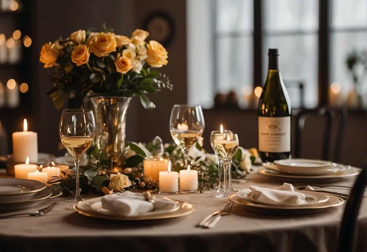 A table set with elegant dinnerware and a bouquet of flowers, surrounded by candles and a bottle of champagne. A banner reading "Happy 6th Anniversary" hangs in the background
