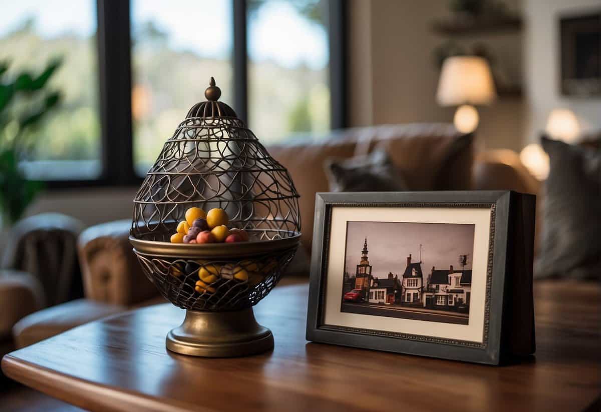 A cozy living room with a traditional iron sculpture and a symbolic candy dish, surrounded by framed photos of the couple's past six years together