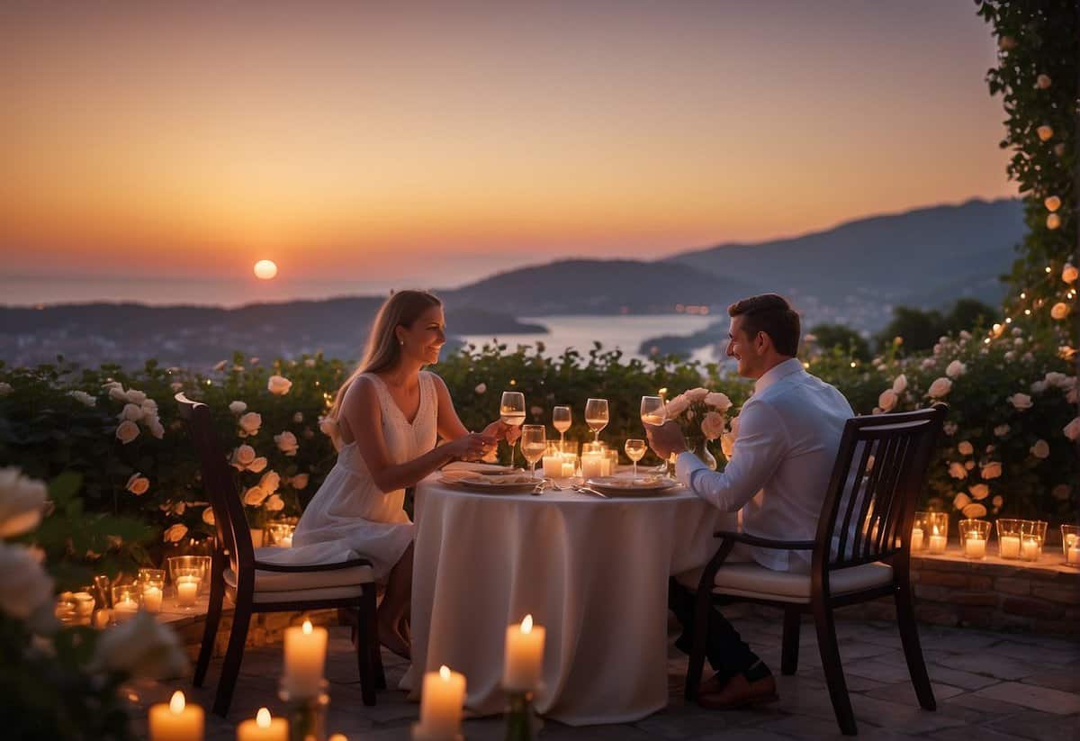 A couple dining at a romantic outdoor restaurant with a view of the sunset, surrounded by candles and flowers, to celebrate their 7th wedding anniversary