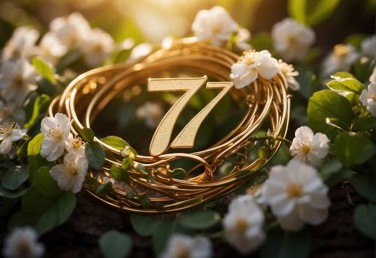 A golden "7" surrounded by intertwined vines and flowers, symbolizing the 7th wedding anniversary
