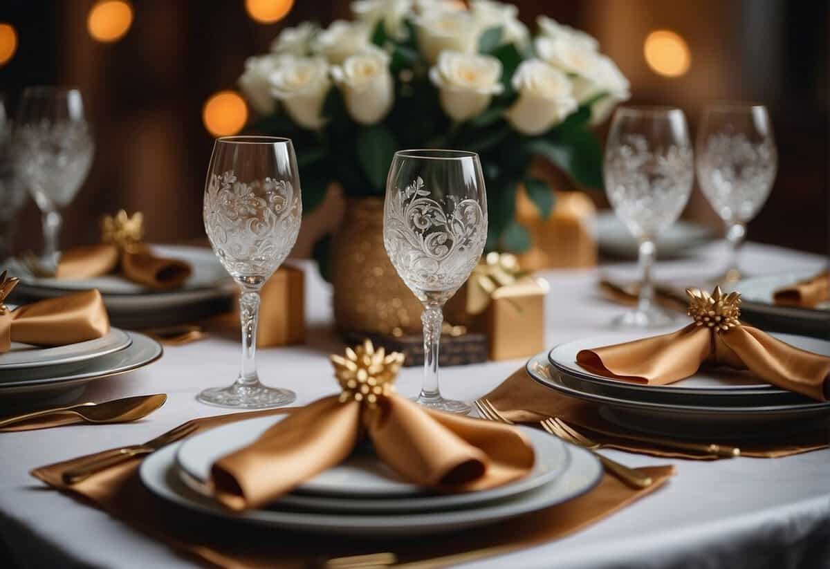 A table set with personalized gifts and decorations for a 7th wedding anniversary celebration, including engraved items and custom-made artwork