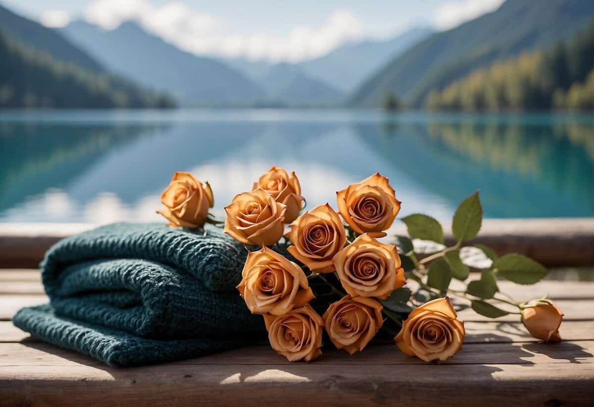A bouquet of copper roses, a woolen blanket, and a carved onyx sculpture on a wooden table with a backdrop of a serene lake and mountains