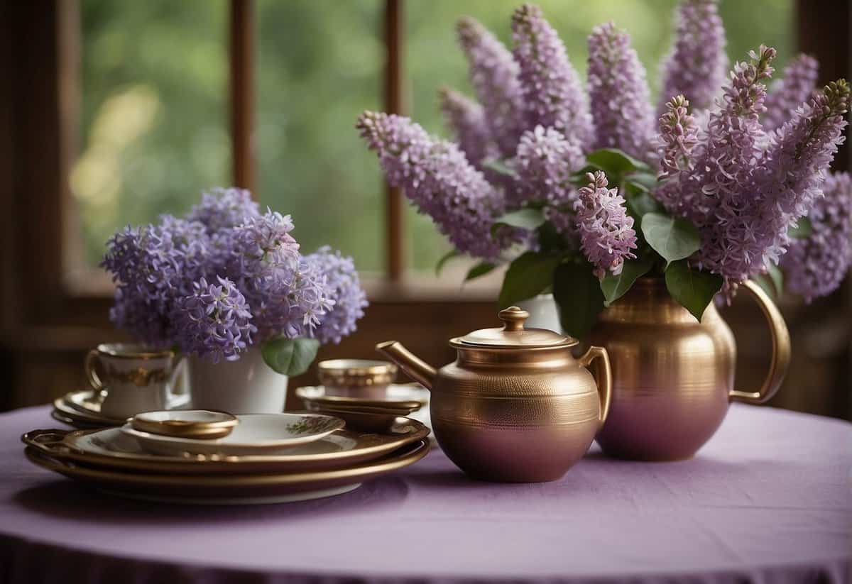 A table set for two, adorned with bronze and pottery gifts. A bouquet of lilac and clematis flowers, symbolizing the 8th anniversary