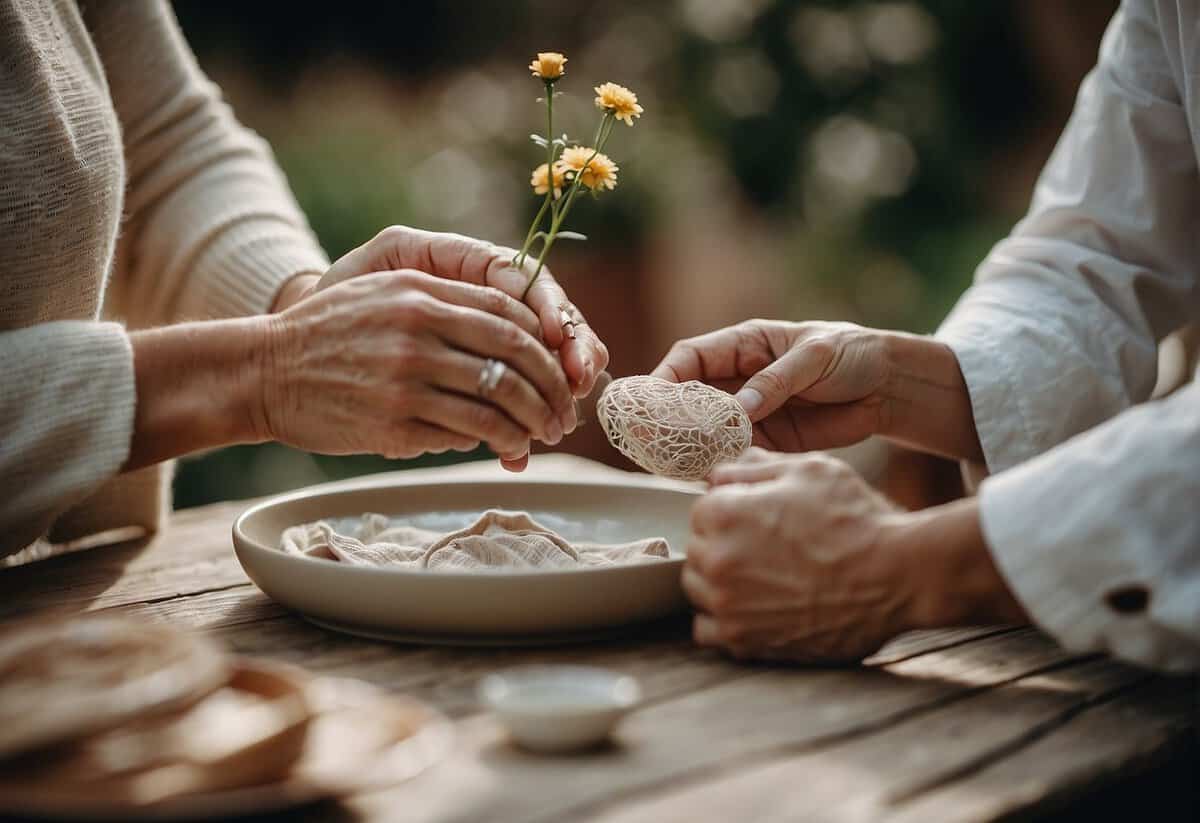 A couple's hands exchanging pottery, linens, or lace gifts for their 8th wedding anniversary