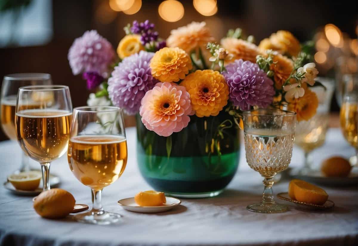 A table adorned with a colorful bouquet of flowers and sparkling gemstones, surrounded by smiling faces and clinking glasses