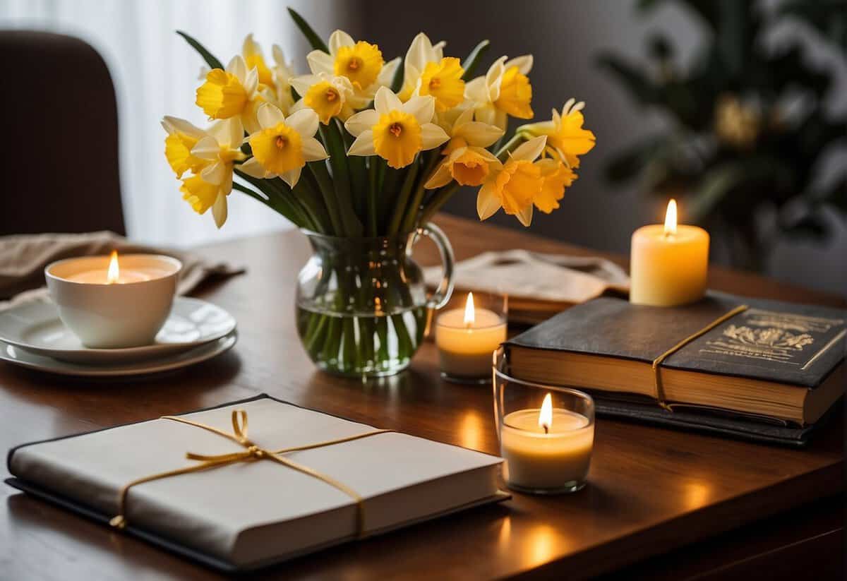 A table set with a bouquet of daffodils, a photo album, and a bottle of champagne. A candle flickers nearby, casting a warm glow