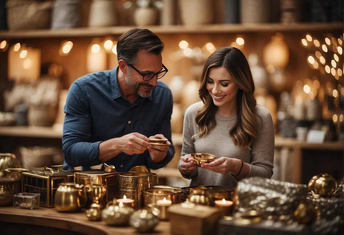 A couple browsing through a variety of gifts, including pottery, bronze, and linen items, while consulting a shopping guide for 8th wedding anniversary ideas