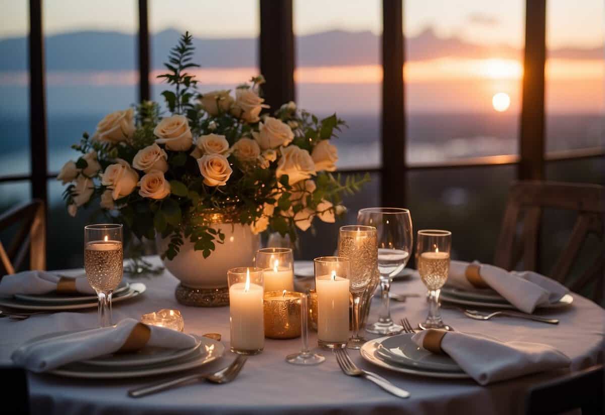 A romantic dinner setting with candles, champagne, and a bouquet of flowers on a beautifully set table, with a view of the sunset in the background