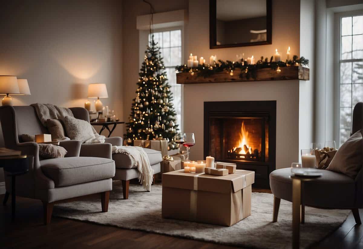 A cozy living room with a fireplace, two armchairs, and a small table set with a bottle of wine, two glasses, and a gift box wrapped in elegant paper and ribbon