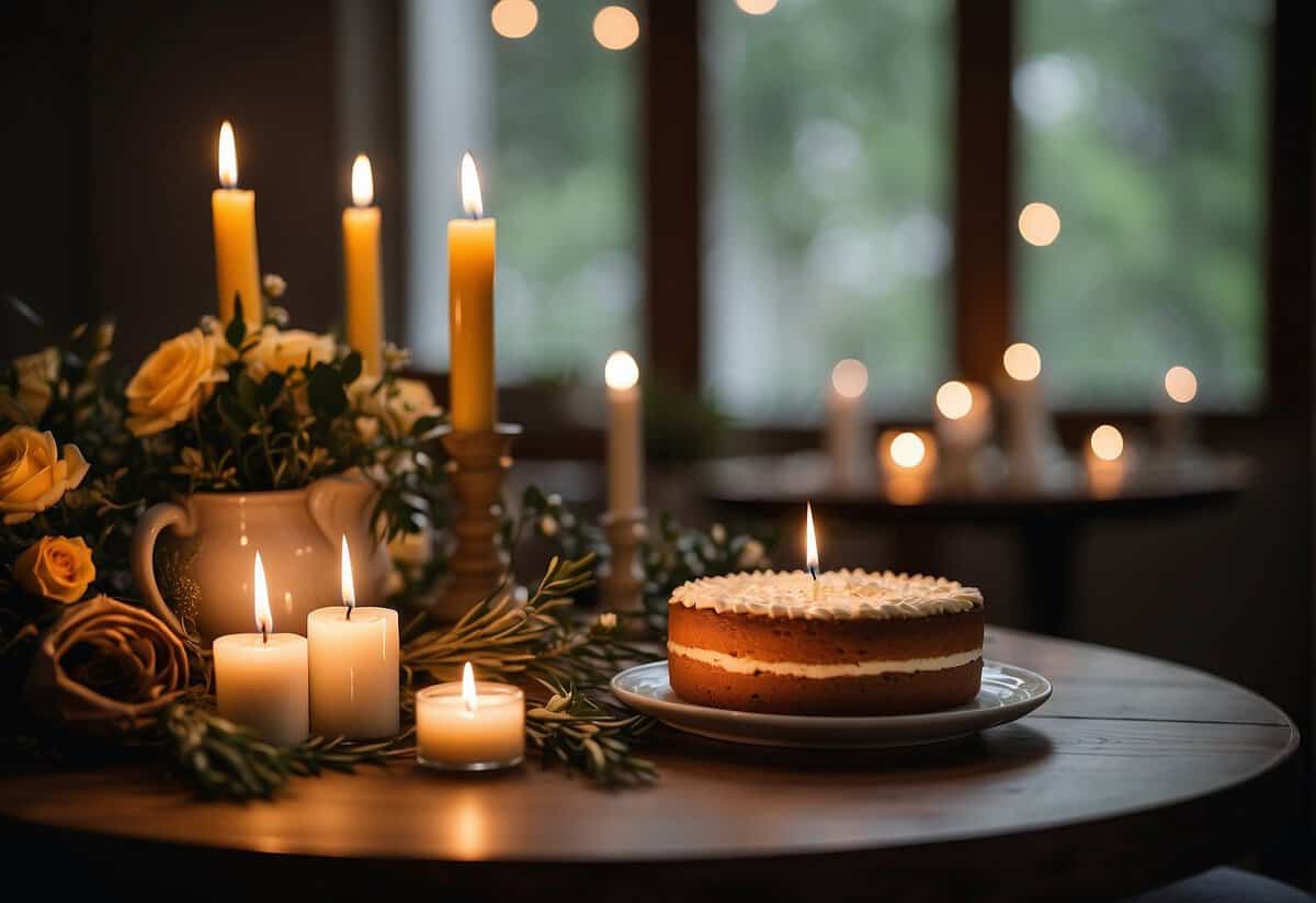 A festive table set with traditional 9th anniversary symbols: pottery and willow. Candles, flowers, and a beautifully decorated cake complete the scene