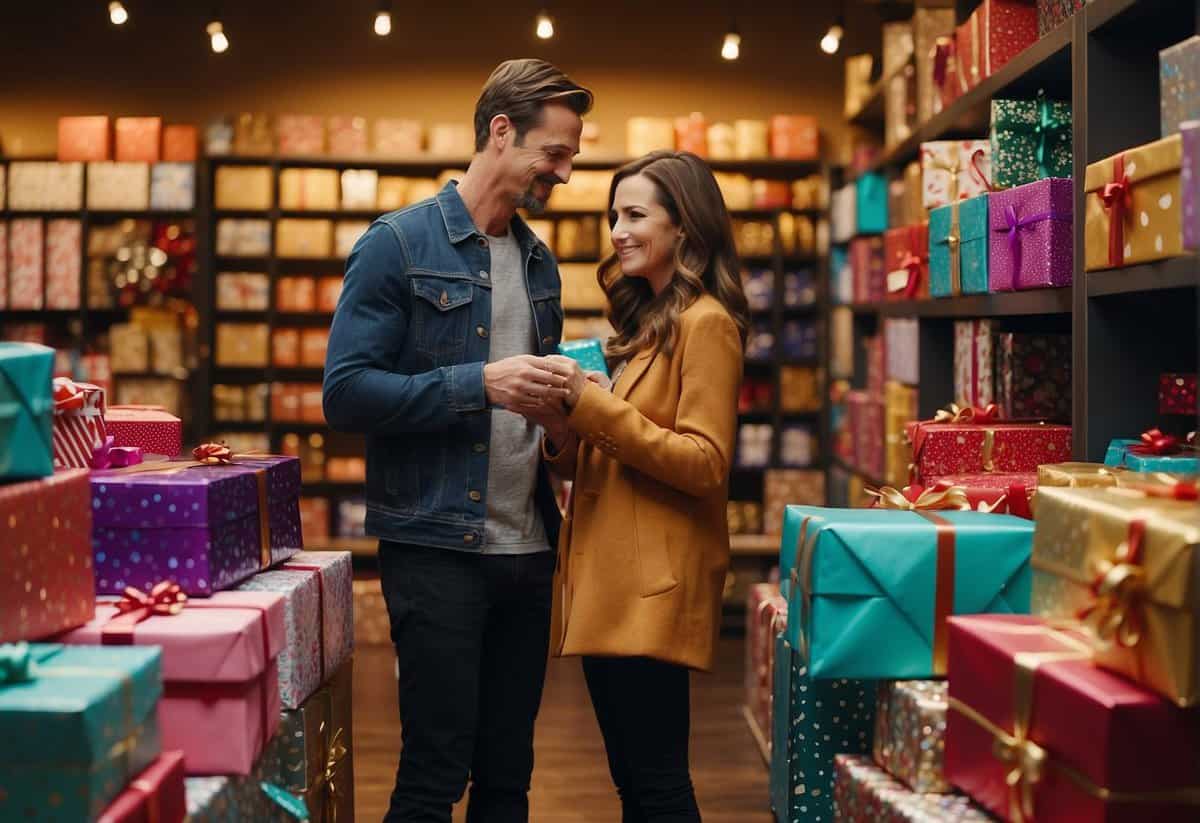 A couple browsing through a variety of gift options, surrounded by colorful gift boxes, ribbons, and decorative wrapping paper