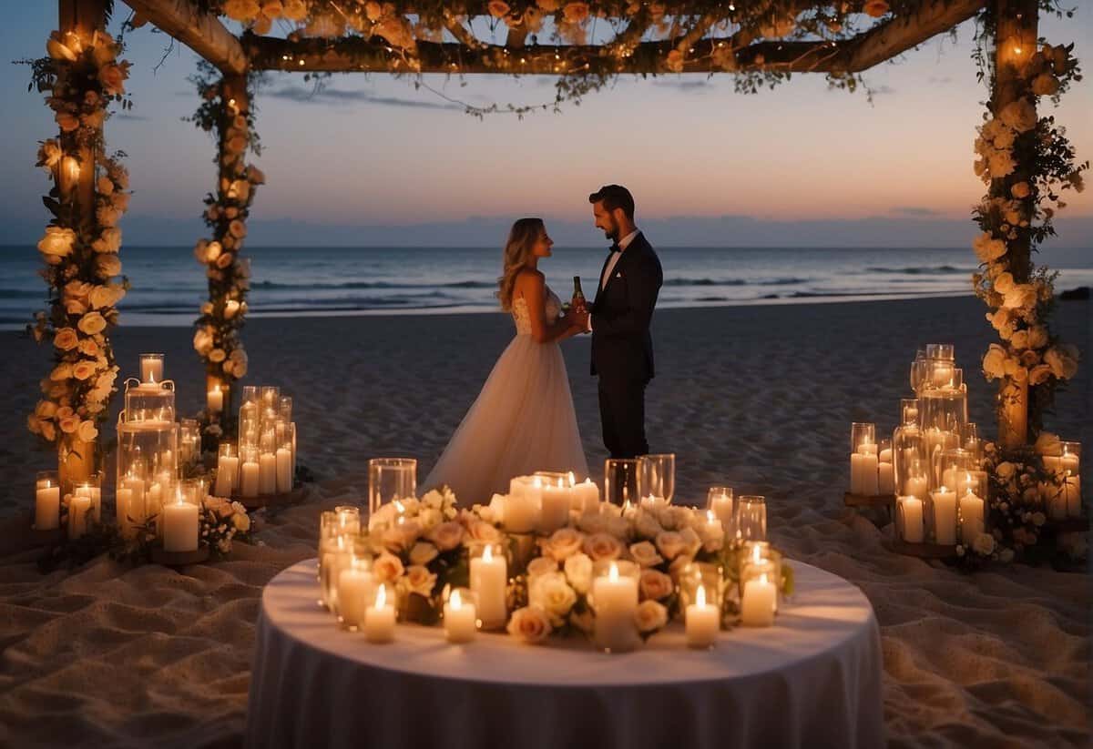 A couple stands on a beach at sunset, surrounded by candles and flower petals. A table is set with champagne and a beautiful anniversary cake