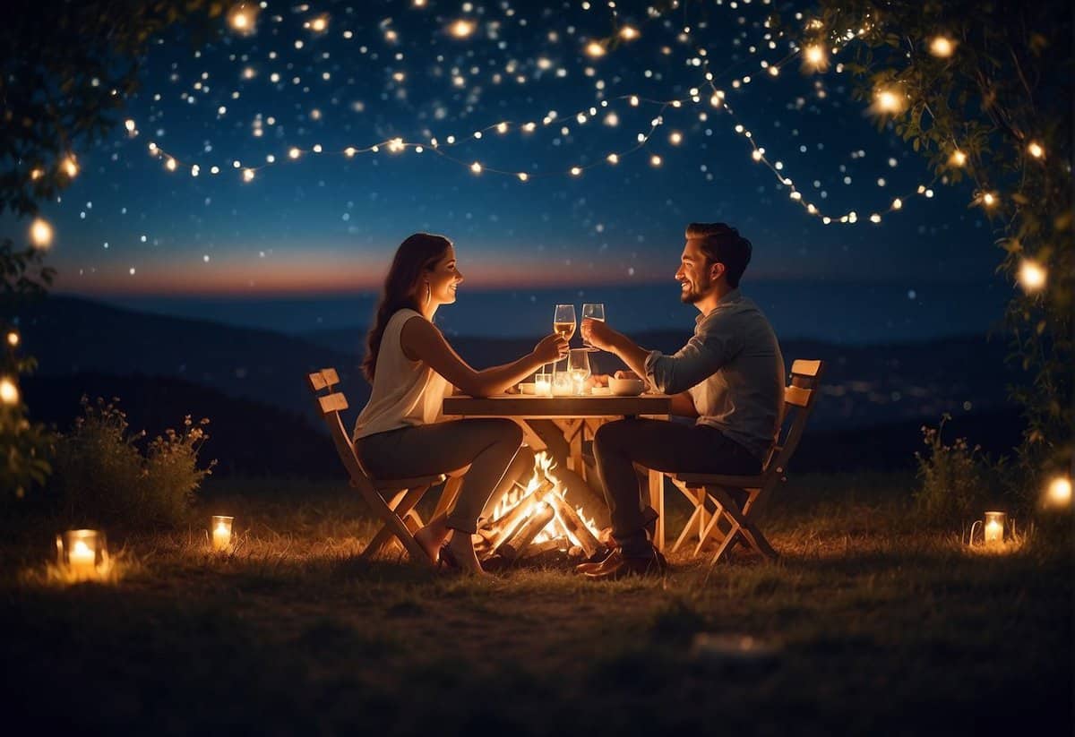 A couple enjoying a romantic dinner under a starry sky, surrounded by fairy lights and a cozy bonfire