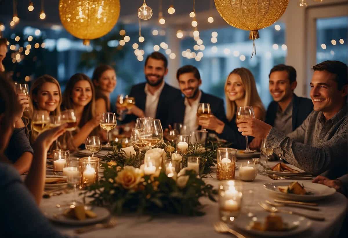 A festive table adorned with 11th anniversary decorations, surrounded by happy guests raising their glasses in celebration