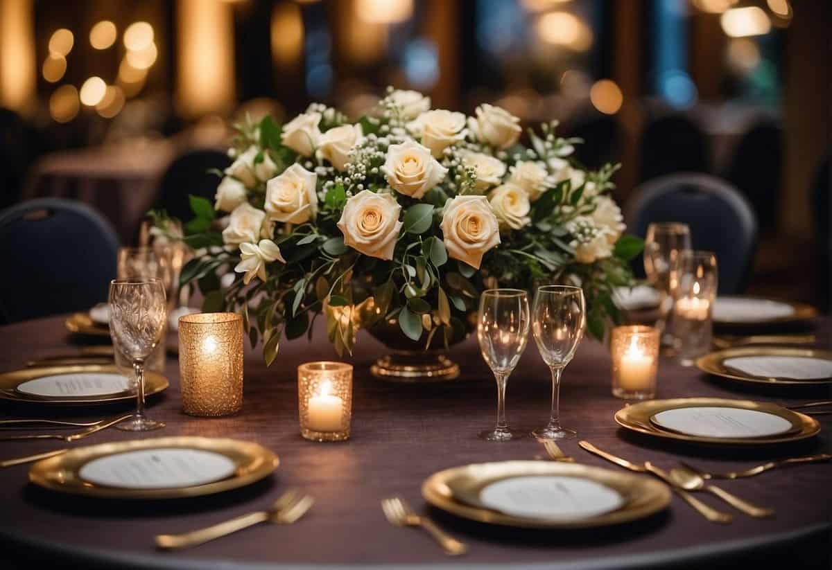A table set with elegant floral centerpieces and 11th anniversary decor, with a backdrop of soft lighting and romantic ambiance
