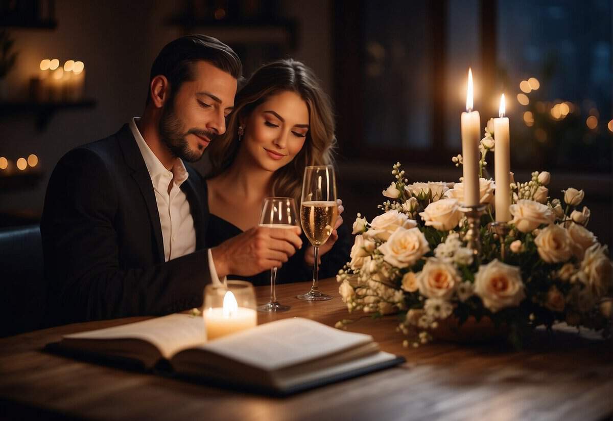 A couple sits at a candlelit table, surrounded by flowers and champagne. A photo album and handwritten love letters are scattered around
