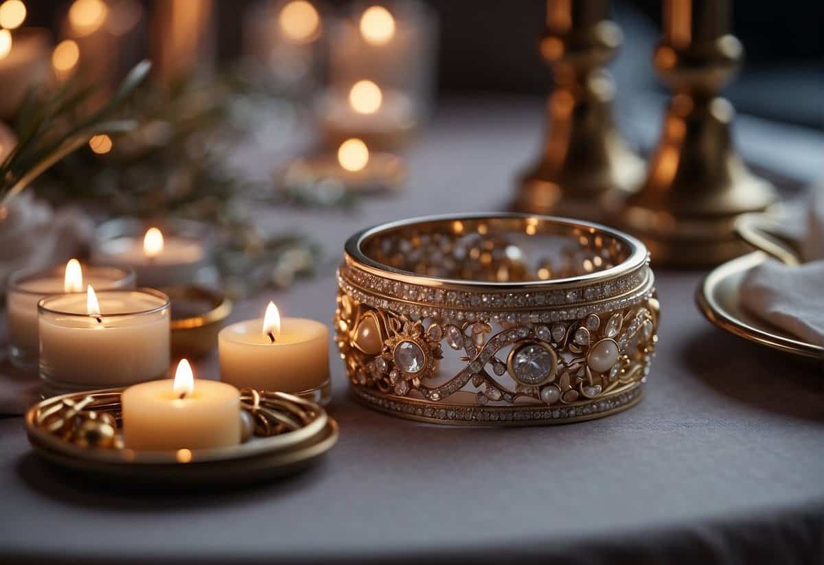 A table adorned with a variety of jewelry items, including necklaces, bracelets, and rings. A romantic setting with candles and flowers
