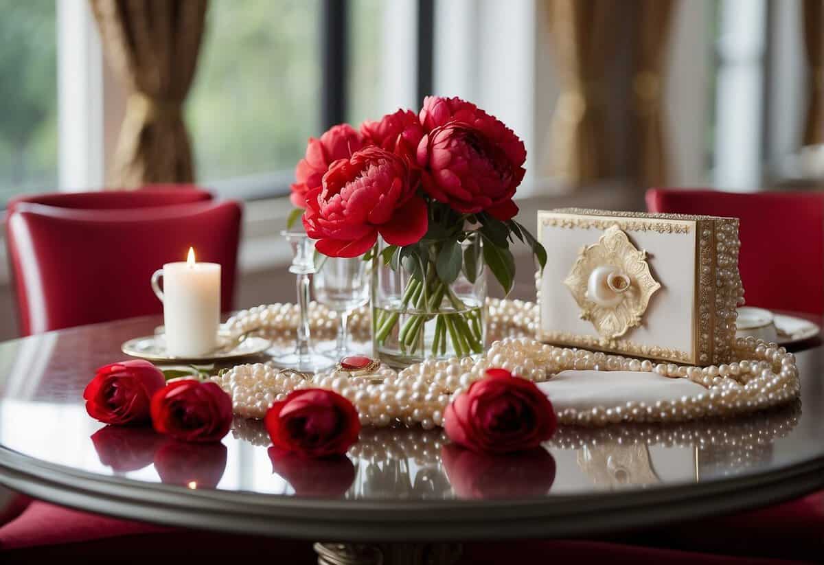 A table set with silk scarves, pearl jewelry, and a bouquet of peonies. A framed photo album and a dozen red roses complete the elegant display