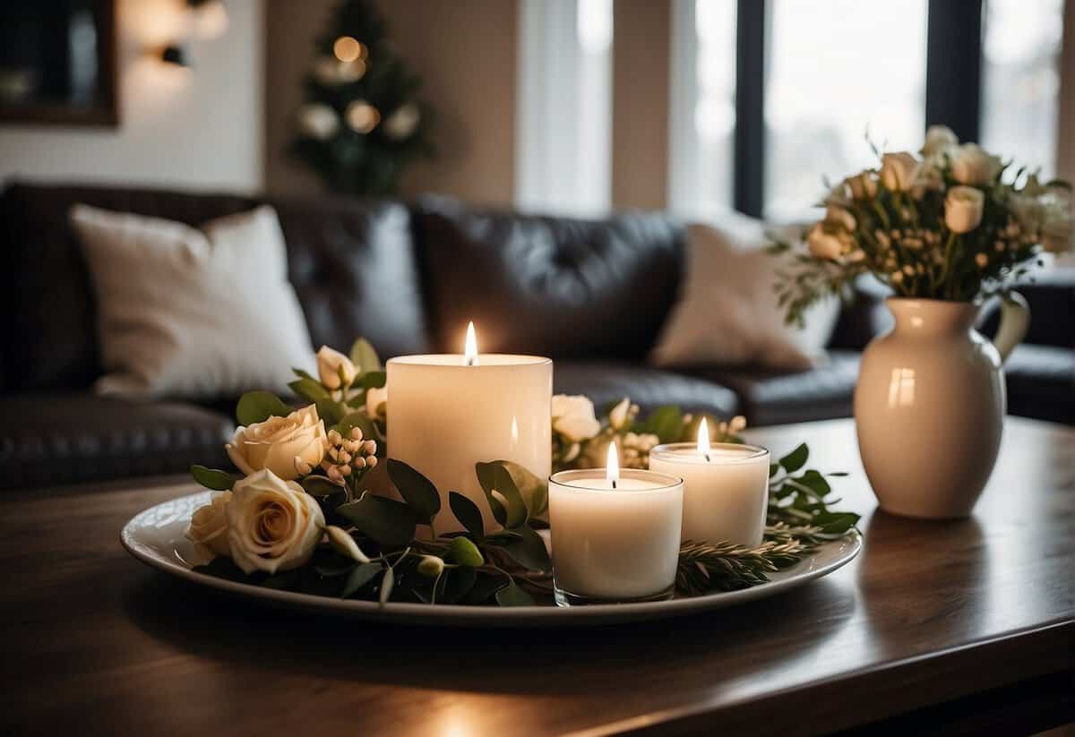 A cozy living room with a fireplace, adorned with framed wedding photos and a personalized anniversary throw pillow. A bouquet of fresh flowers sits on the coffee table, and a romantic candlelit dinner is set on the dining table